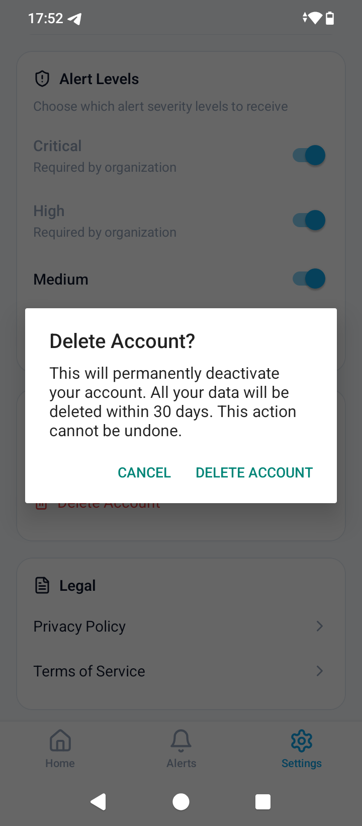 OdeCare app — Delete account confirmation