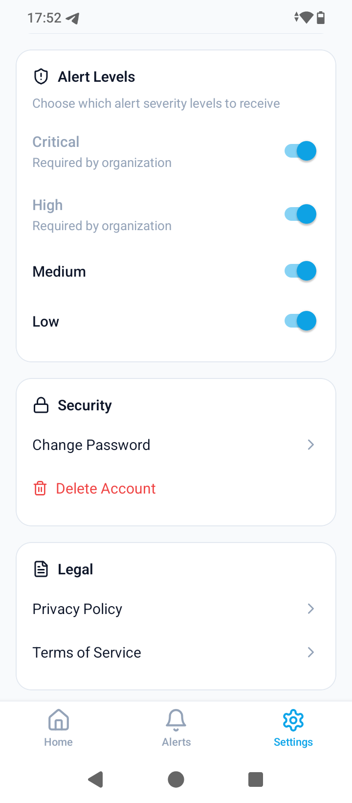 OdeCare app — Settings screen