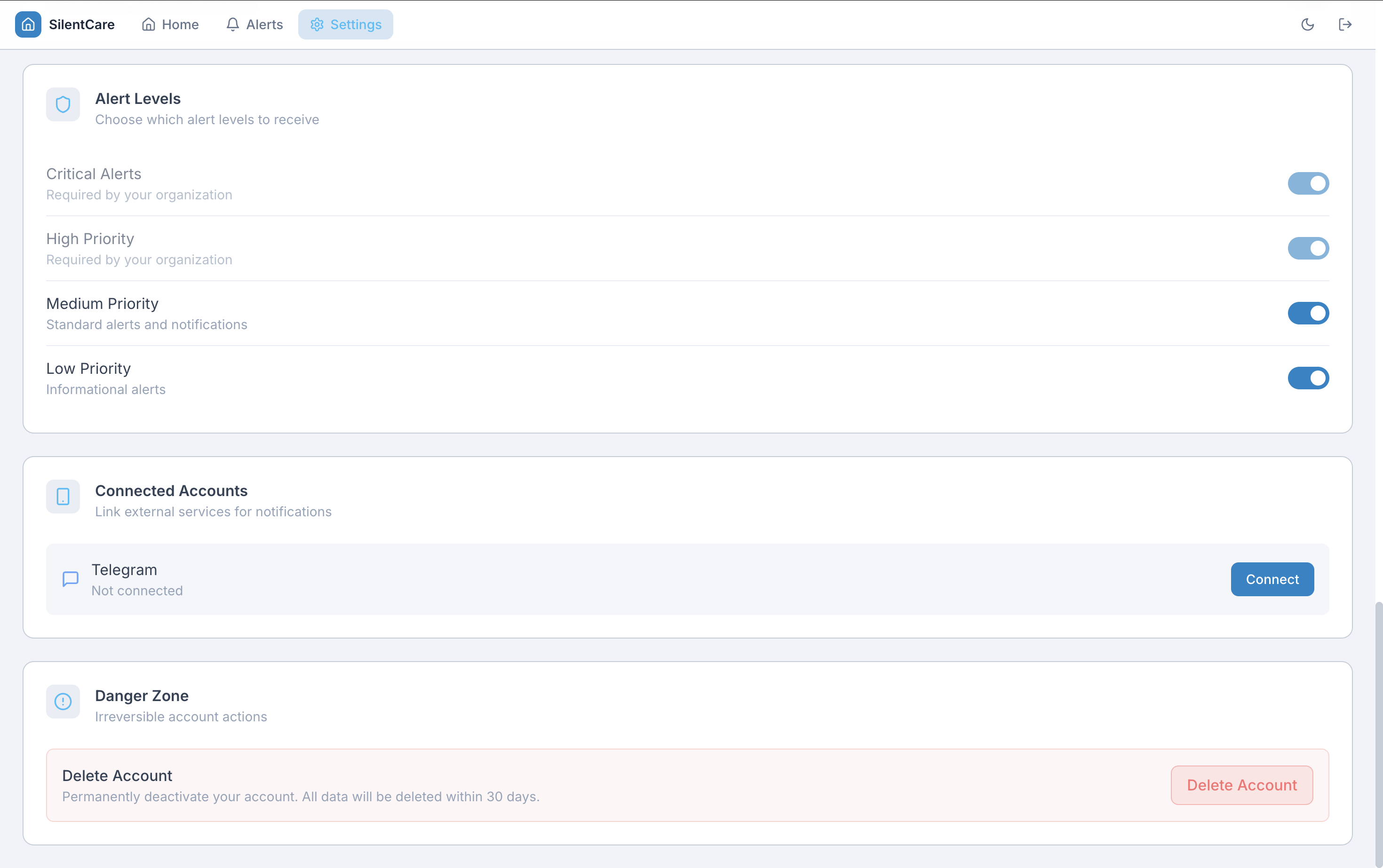 OdeCare web dashboard — Danger Zone section with Delete Account button