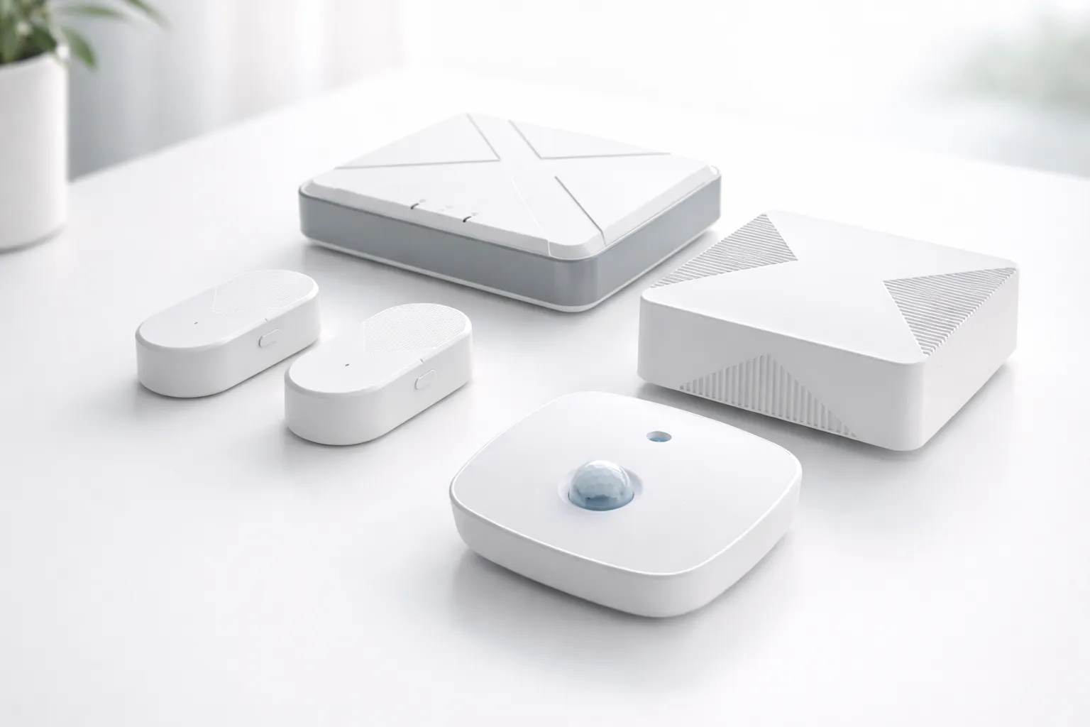 An OdeCare sensor kit laid out on a table: small radar and presence sensors and a hub — nothing to wear, nothing to charge