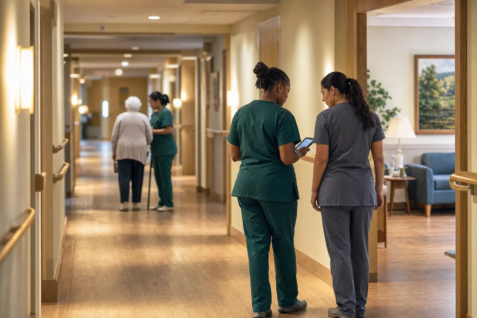 Care staff coordinating the next resident check in a nursing-home corridor