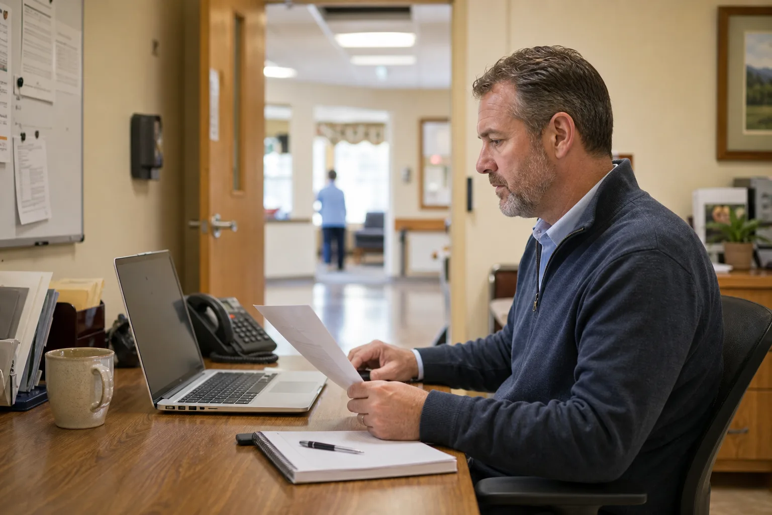 A care-home operator reviewing a facility report at his desk
