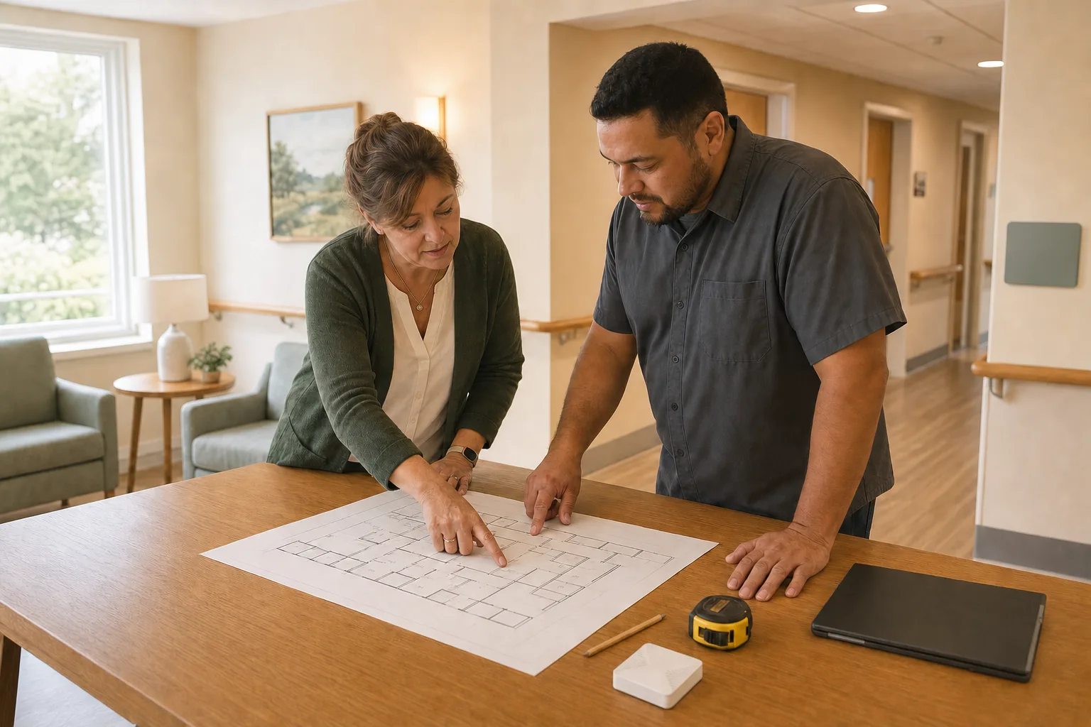 OdeCare team reviewing a facility floor plan and sensor coverage with a care operator
