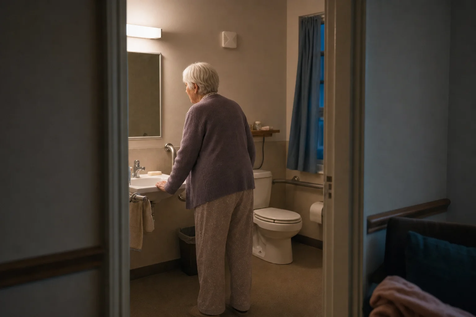Margaret Lewis standing at the sink during an evening bathroom visit