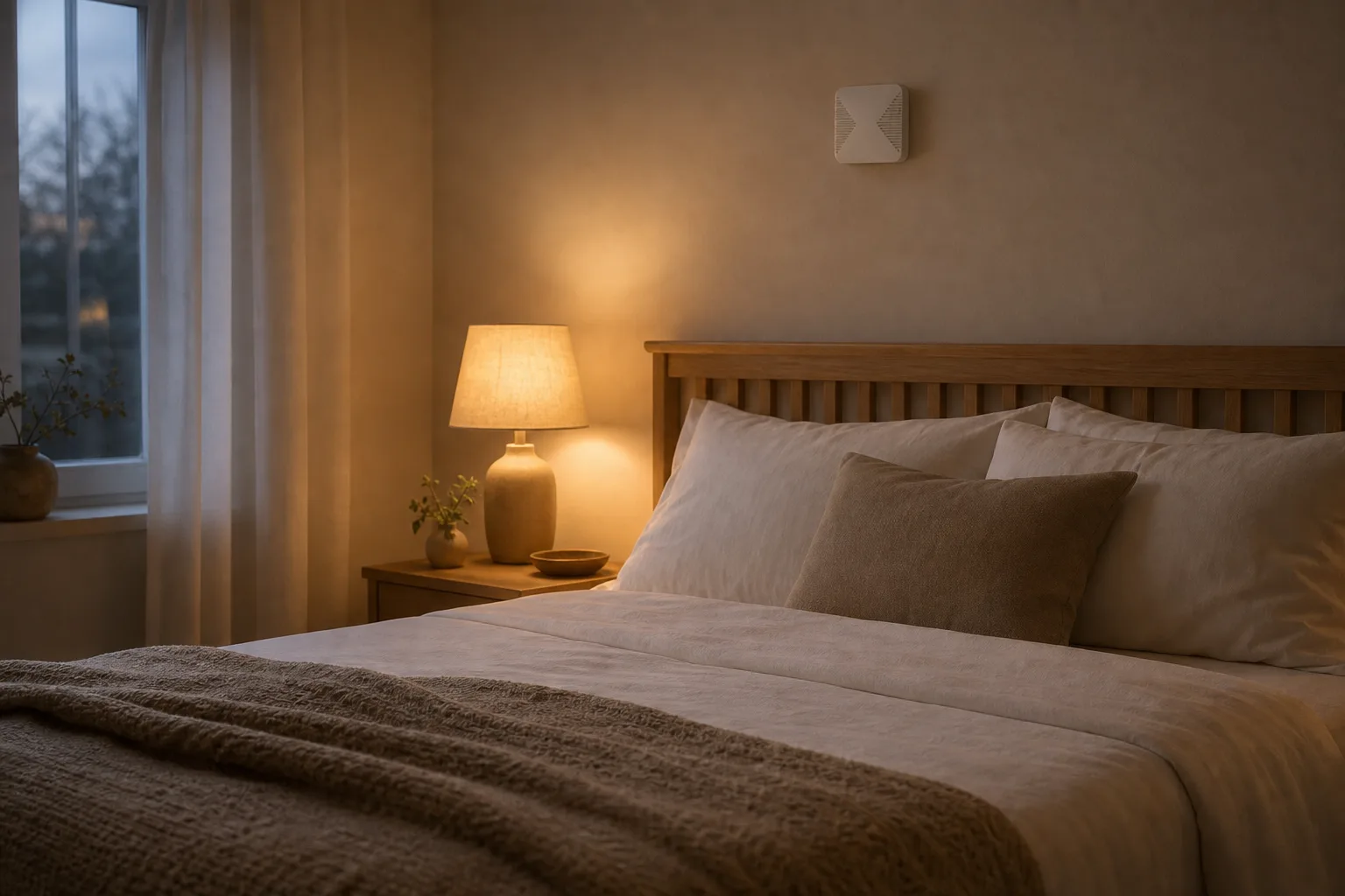 A bedroom in the evening with a small radar sensor mounted on the wall above the headboard — nothing under the mattress