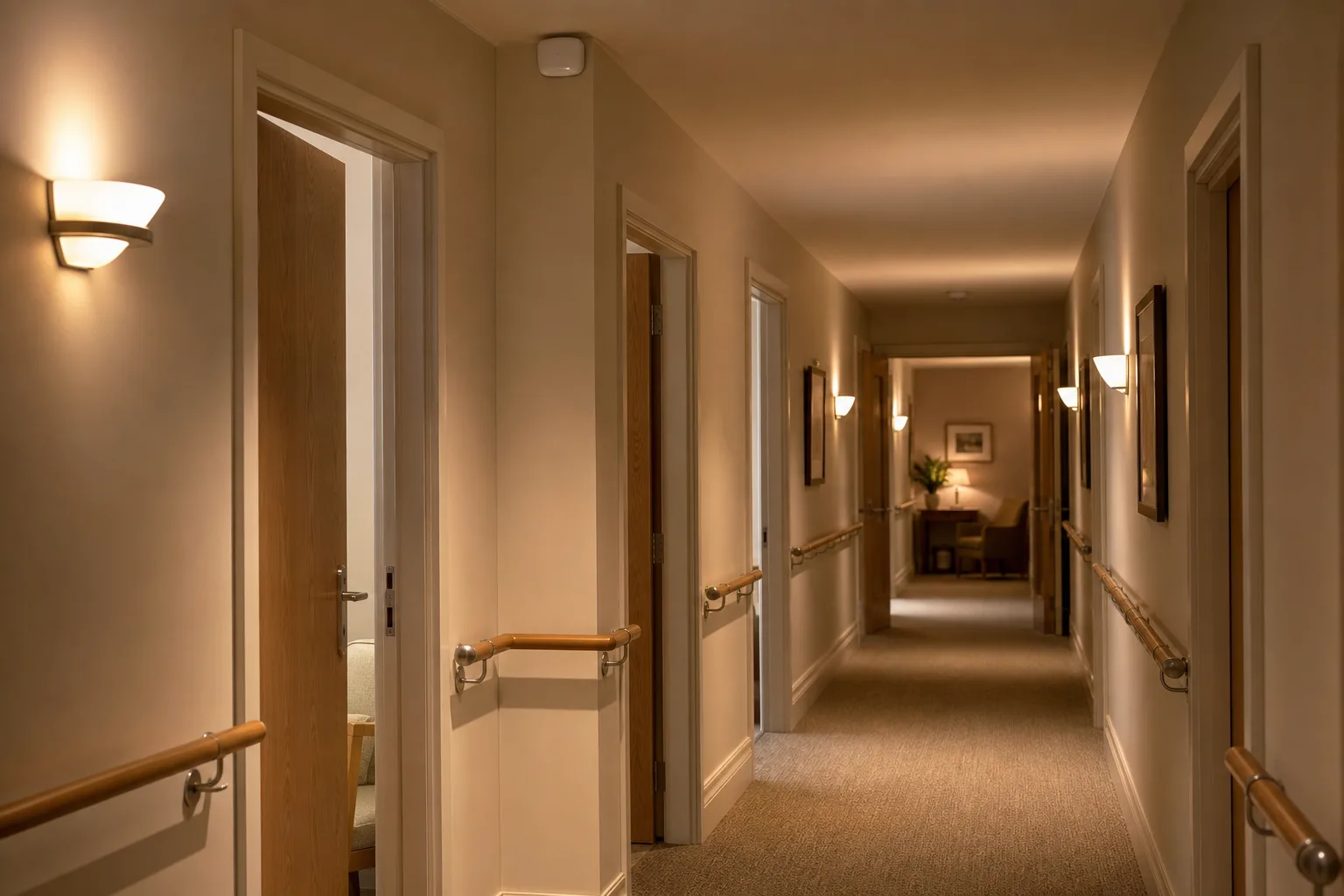 An empty care home corridor with handrails along the walls and a row of identical doors