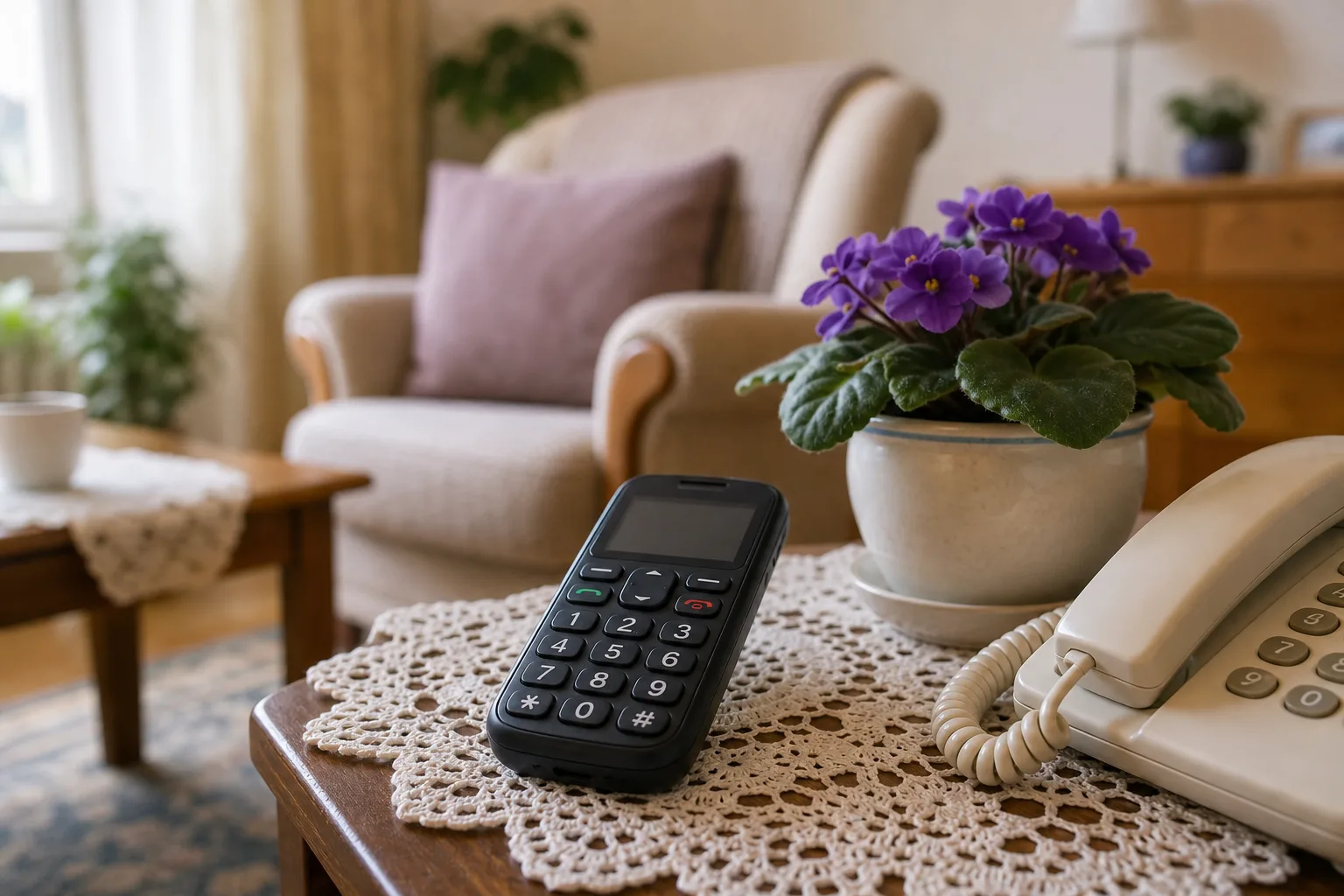 A large-button mobile phone and landline on a side table