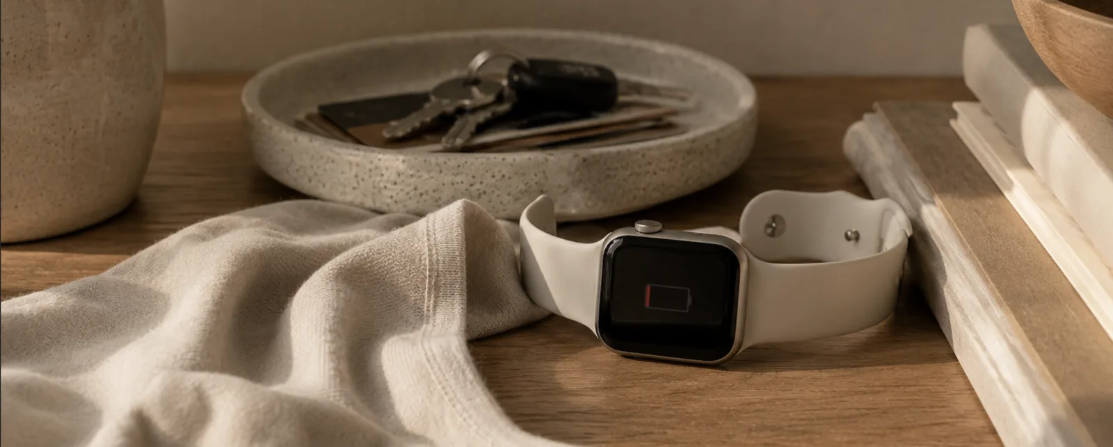 Smartwatch on a nightstand showing a low battery warning — a watch on the charger overnight detects nothing