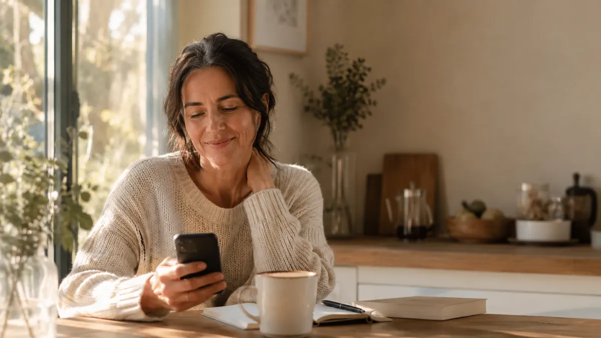 A daughter checks her phone over morning coffee