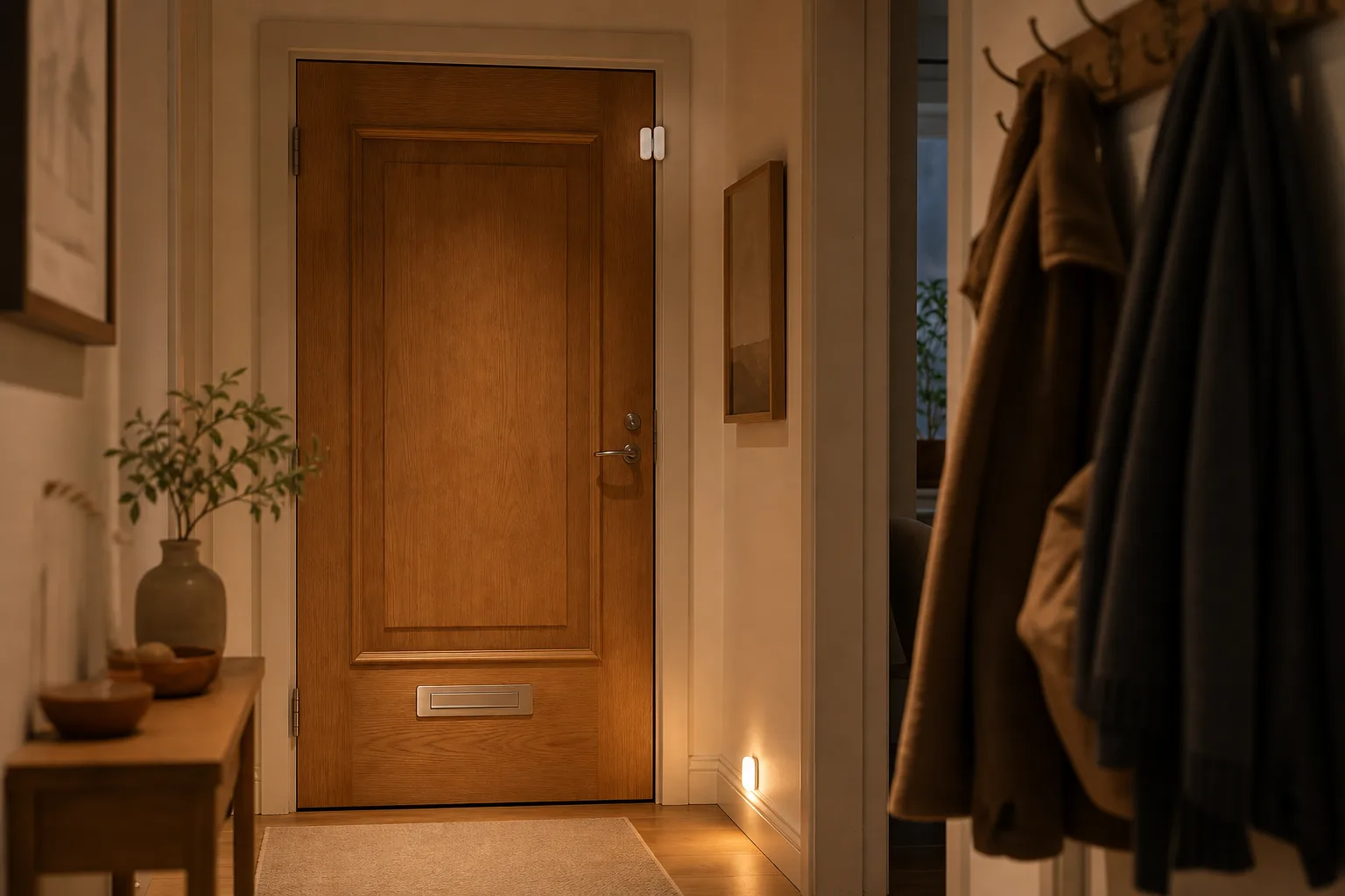 A small white contact sensor on a wooden front door frame in a softly lit hallway