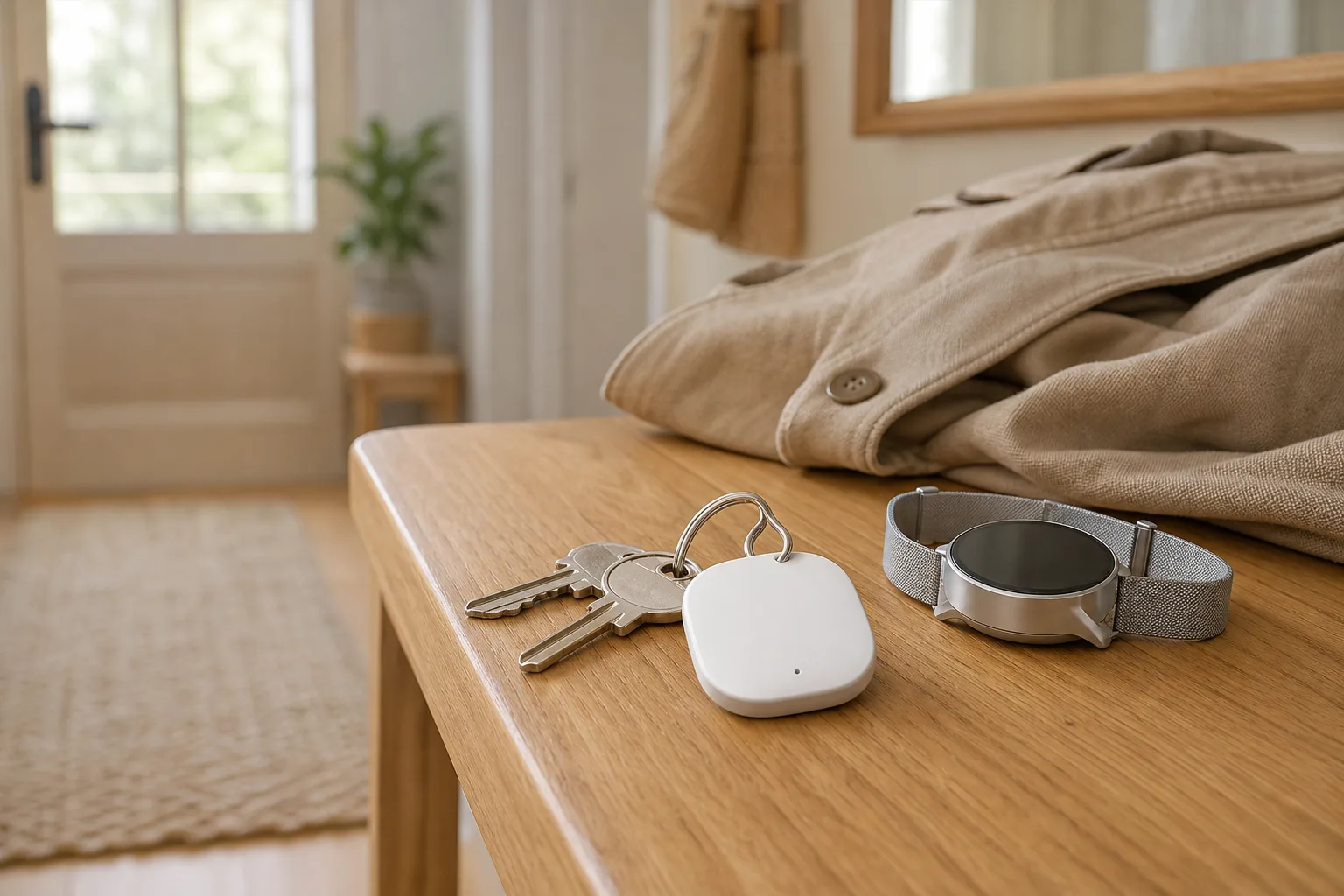 GPS keychain tracker and a GPS watch on an entryway table next to house keys and a jacket