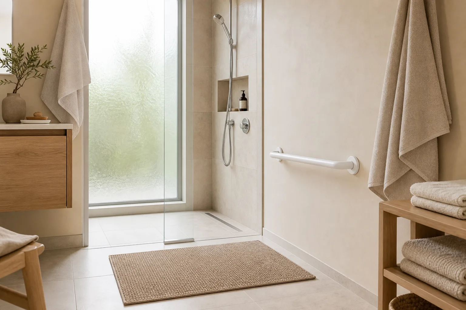 A walk-in shower with a wall-mounted grab bar and a non-slip mat on the bathroom floor