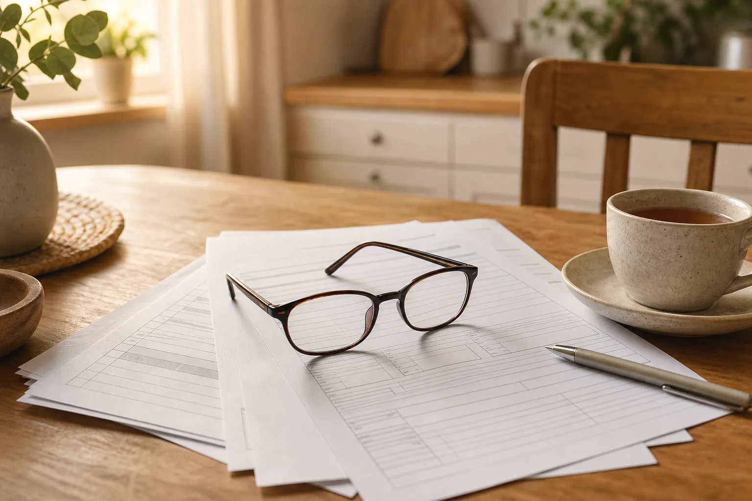 Reading glasses resting on insurance paperwork at a kitchen table with a cup of tea