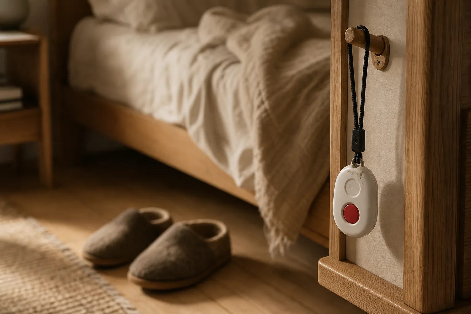 A medical alert pendant left on a bedside hook instead of being worn