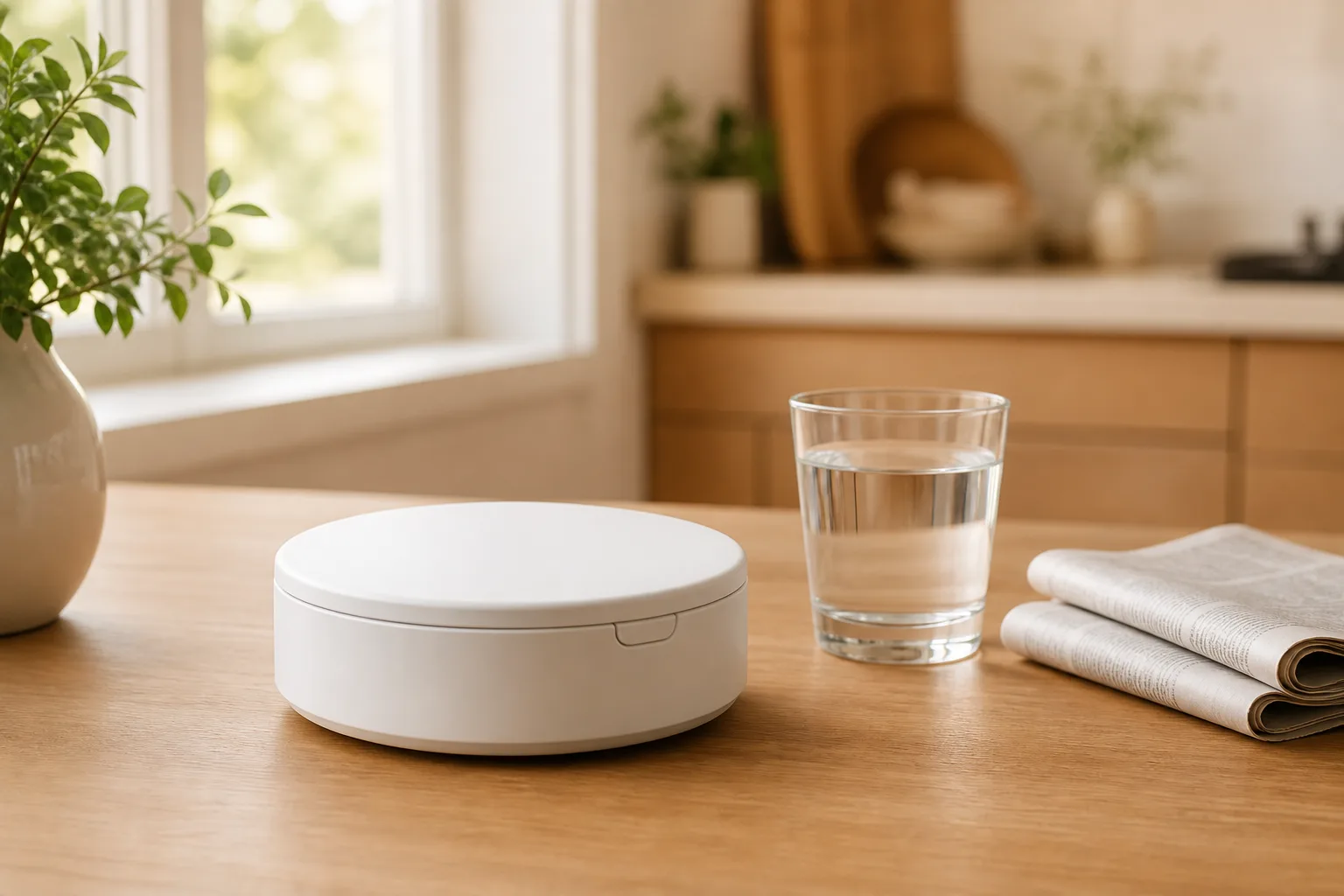 A round automatic pill dispenser on a kitchen counter beside a glass of water