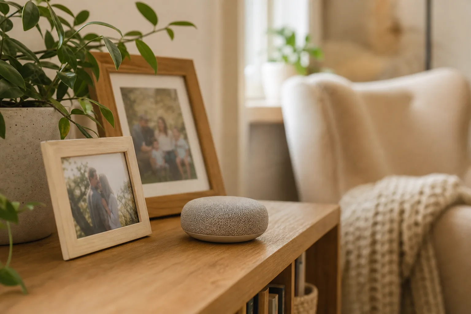 A small fabric-covered smart speaker on a wooden shelf in a warm living room